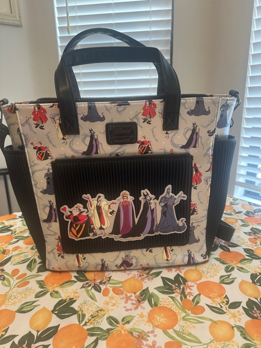 Loungefly Black and White Disney Villains Tote with Character Patch